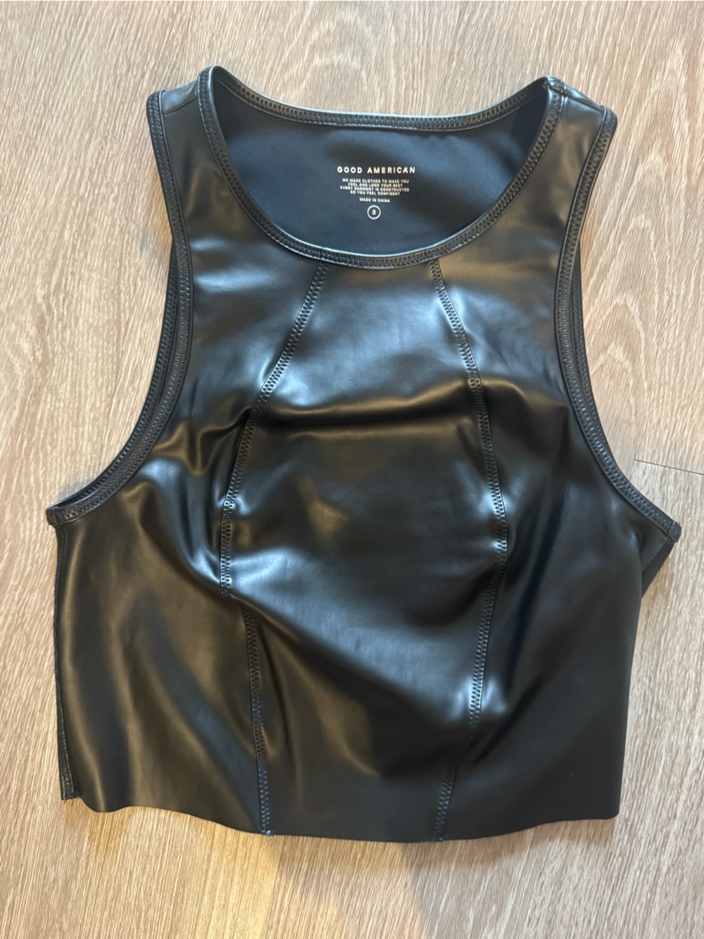 Good American Black Faux Leather Crop Tank